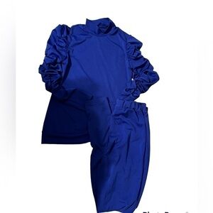 TURTLE neck Ruched sleeve pants set. Royal blue. Medium